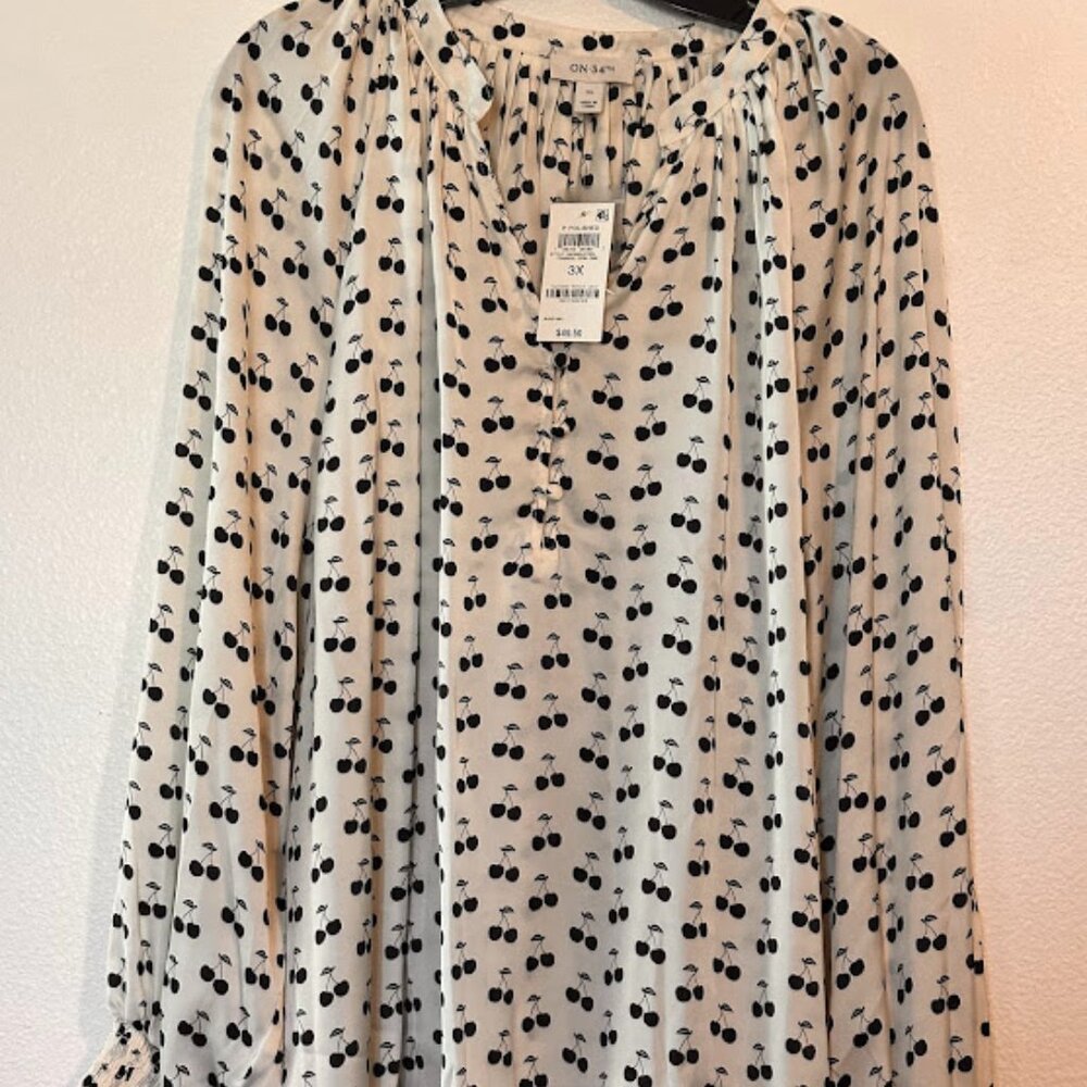 On 34th 3x white satin blouse with cherry print NWT